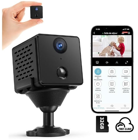 Camera Espion, WiFi 4K HD Mini Caméra de Surveillance Interieur| Stockage Gratuit dans Le Cloud & Carte SD | Vision Nocturne, détecteur de Mouvement | Batterie 3000mAH | avec Carte mémoire 32GB
