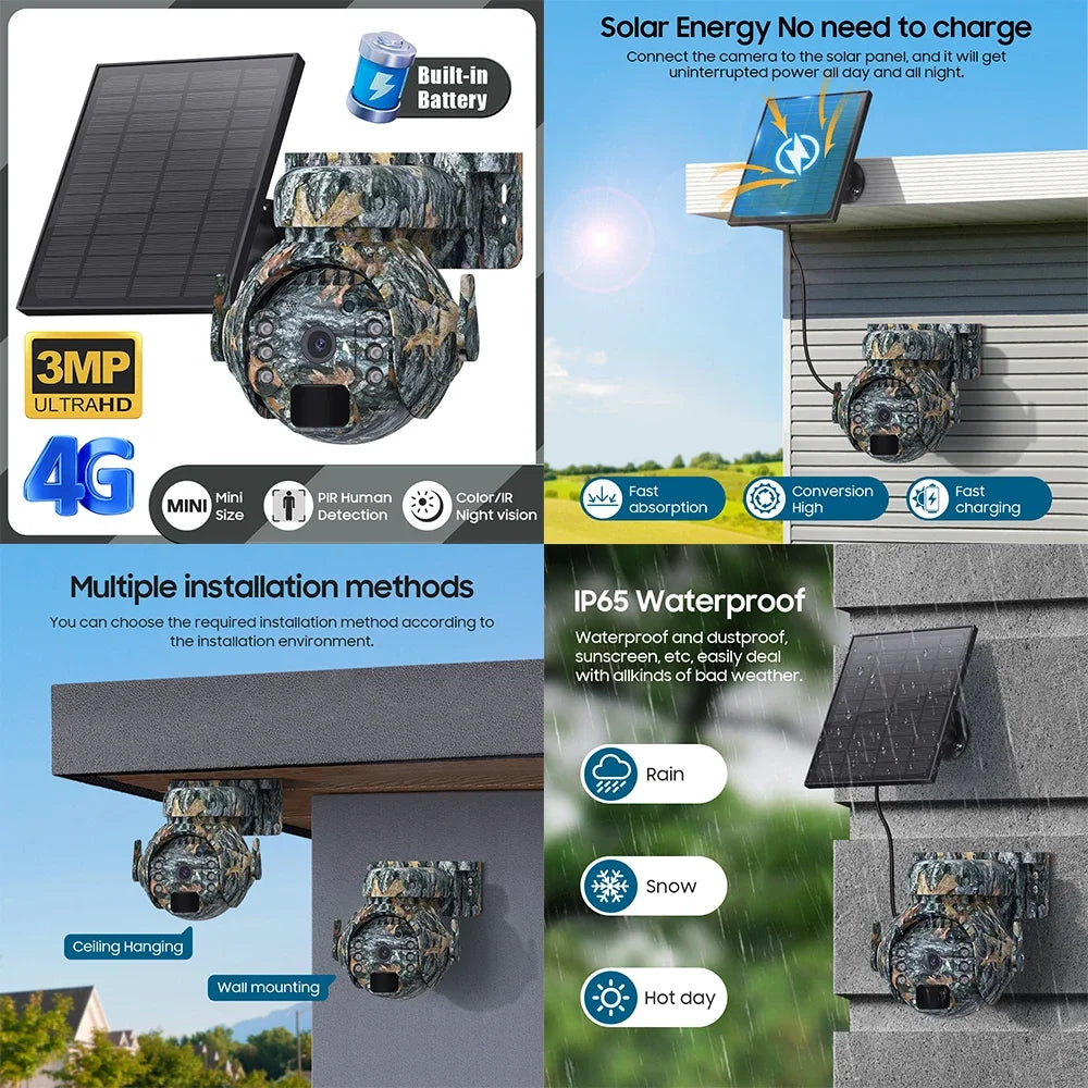 Caméra solaire PTZ sans fil avec panneau solaire, 3MP, 4G, audio bidirectionnel, protection de sécurité, CCTV, batterie