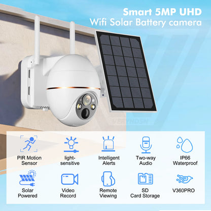 Caméra de surveillance extérieure solaire sans fil PTZ IP WiFi HD 5MP/8000mAh
